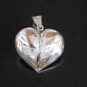 Antique Puffy Silver Etched Heart Pendant